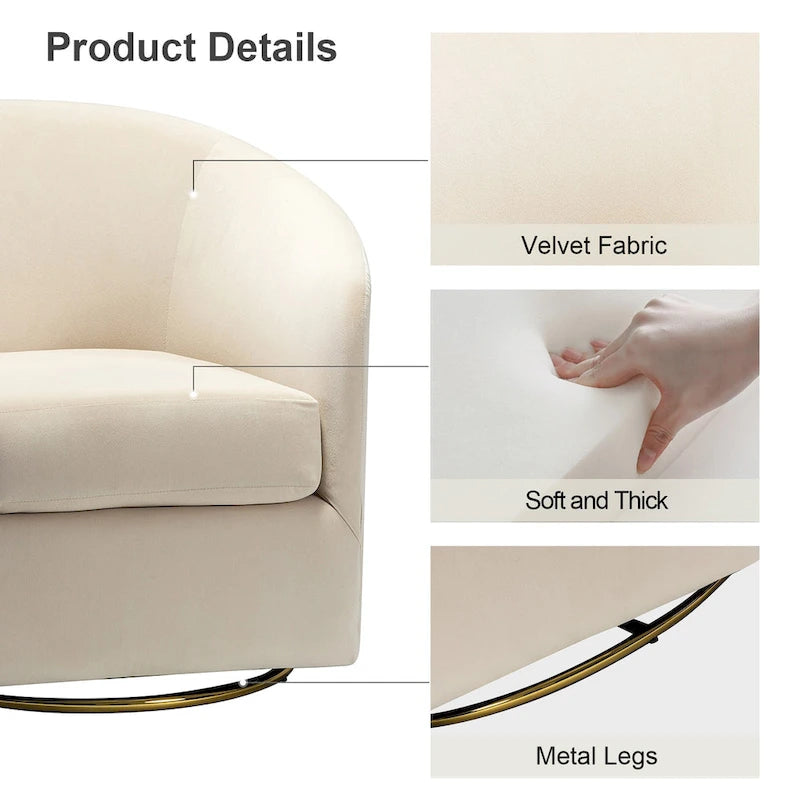 Modern Velvet Curved Swivel Accent Barrel Chair with Metal Base