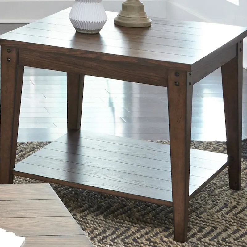  Lake House Square Lamp Accent Table Rustic Brown Oak