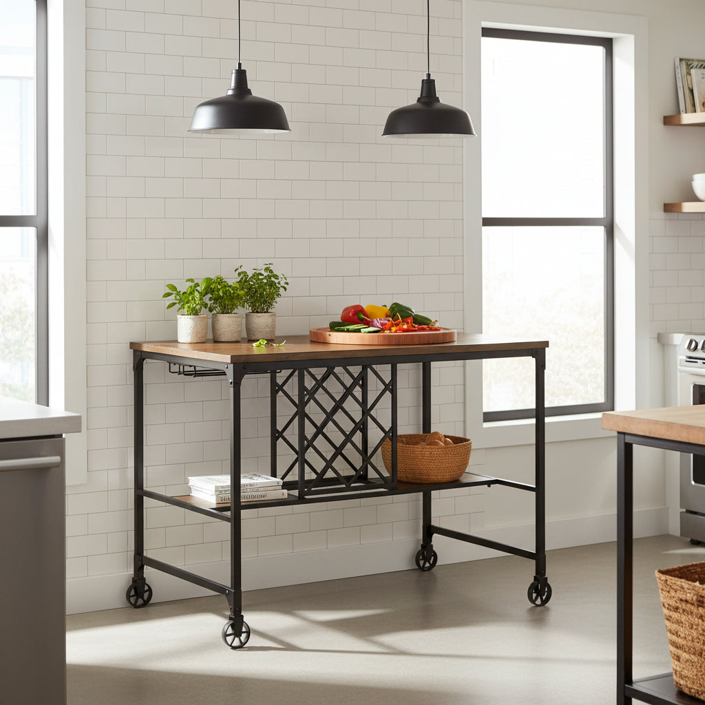 Industrial Medium Oak 48-inch Wide Metal Kitchen Island with Caster Wheels