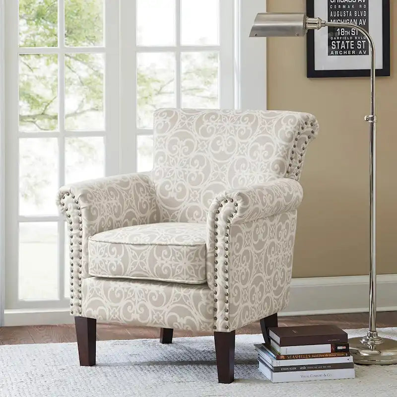 Fretwork Pattern Upholstered Tight Back Club Chair