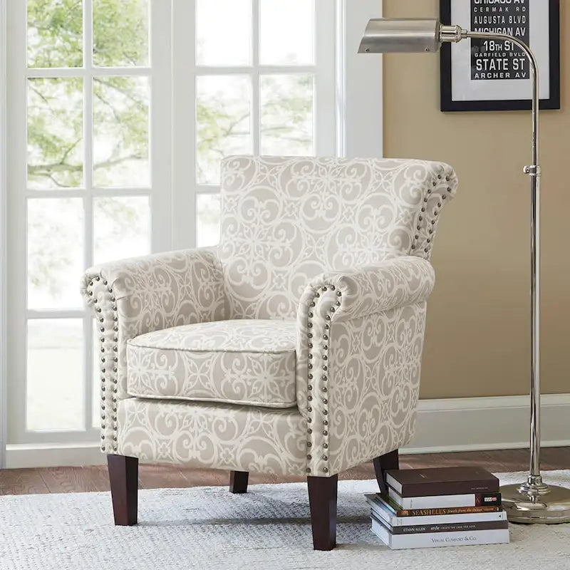 Fretwork Pattern Upholstered Tight Back Club Chair